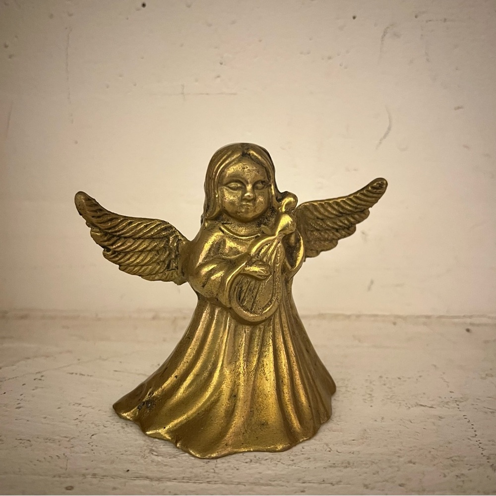 Vtg Brass Angel Bell Playing The Lute 3.25” Tall Made India Collector Gift Idea